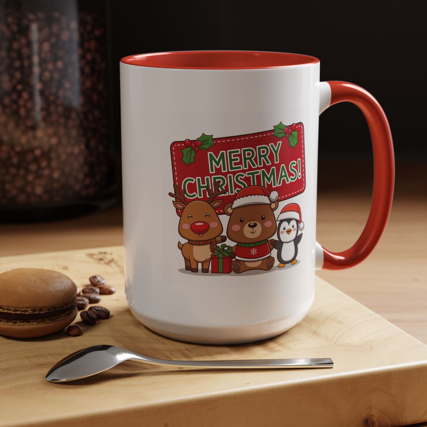 Christmas Mug - Green Text Red Banner Reindeer Bear Penguin