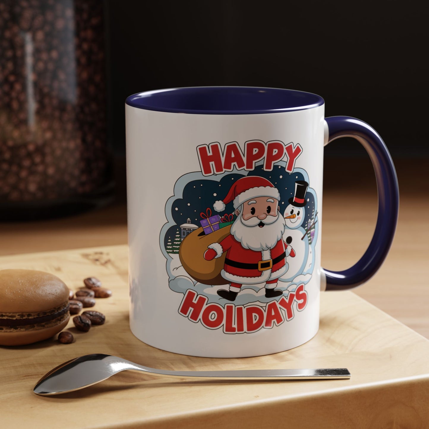 Christmas Mug - Happy Holidays Red & White Text Santa Snowman