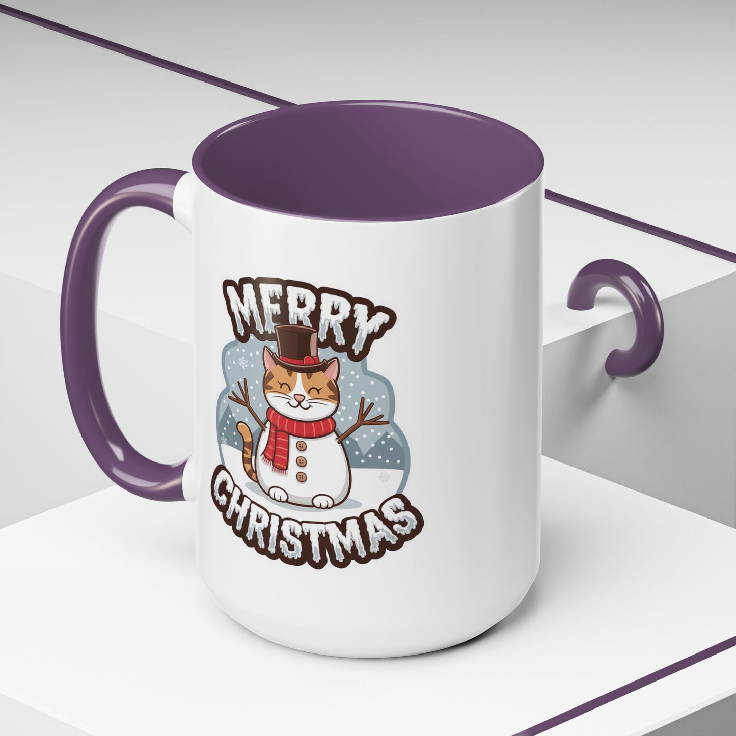 Christmas Mug - Merry Christmas Black & White Text Snowman Cat