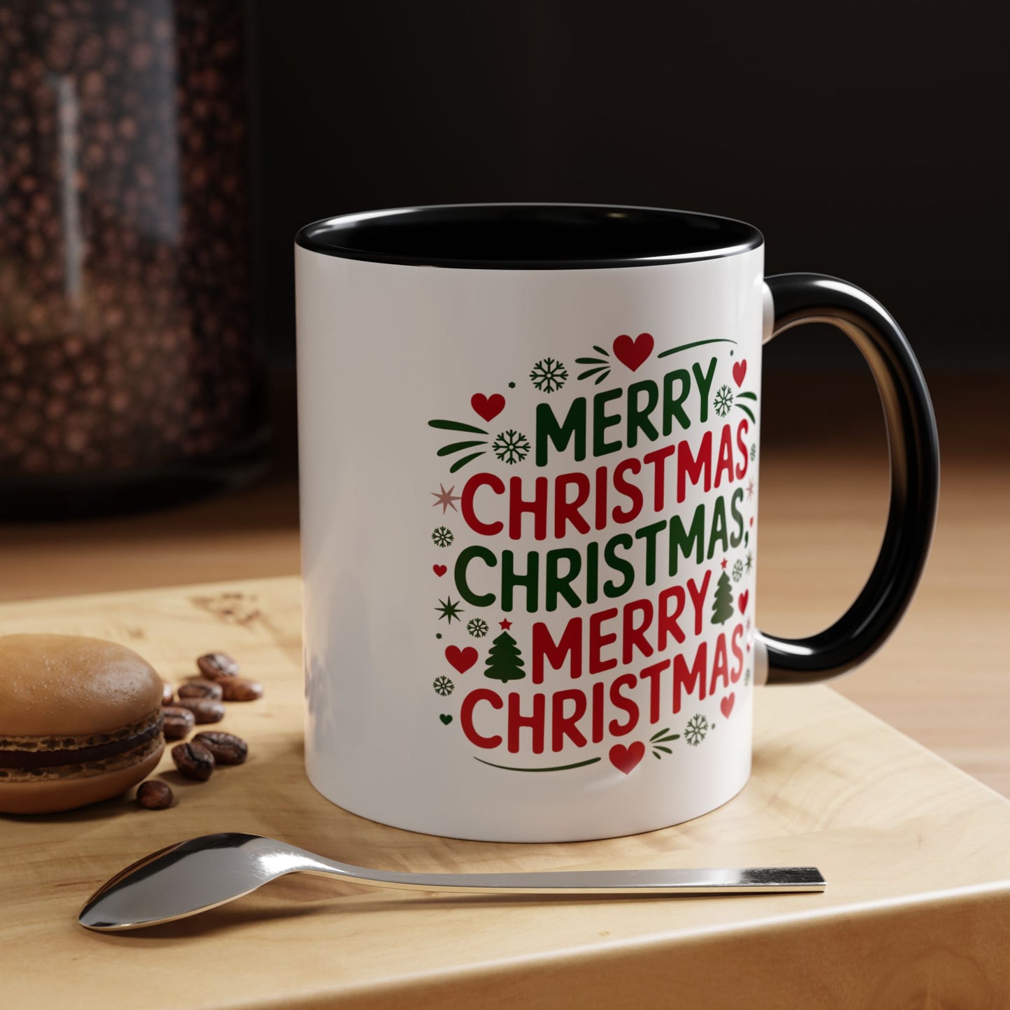 Christmas Mug - Merry Christmas Green & Red Text Trees Hearts Snowflakes Stars