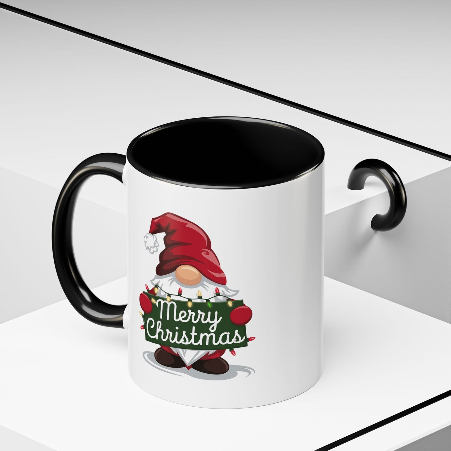 Christmas Mug - Merry Christmas White & Green Text Gnome Lights