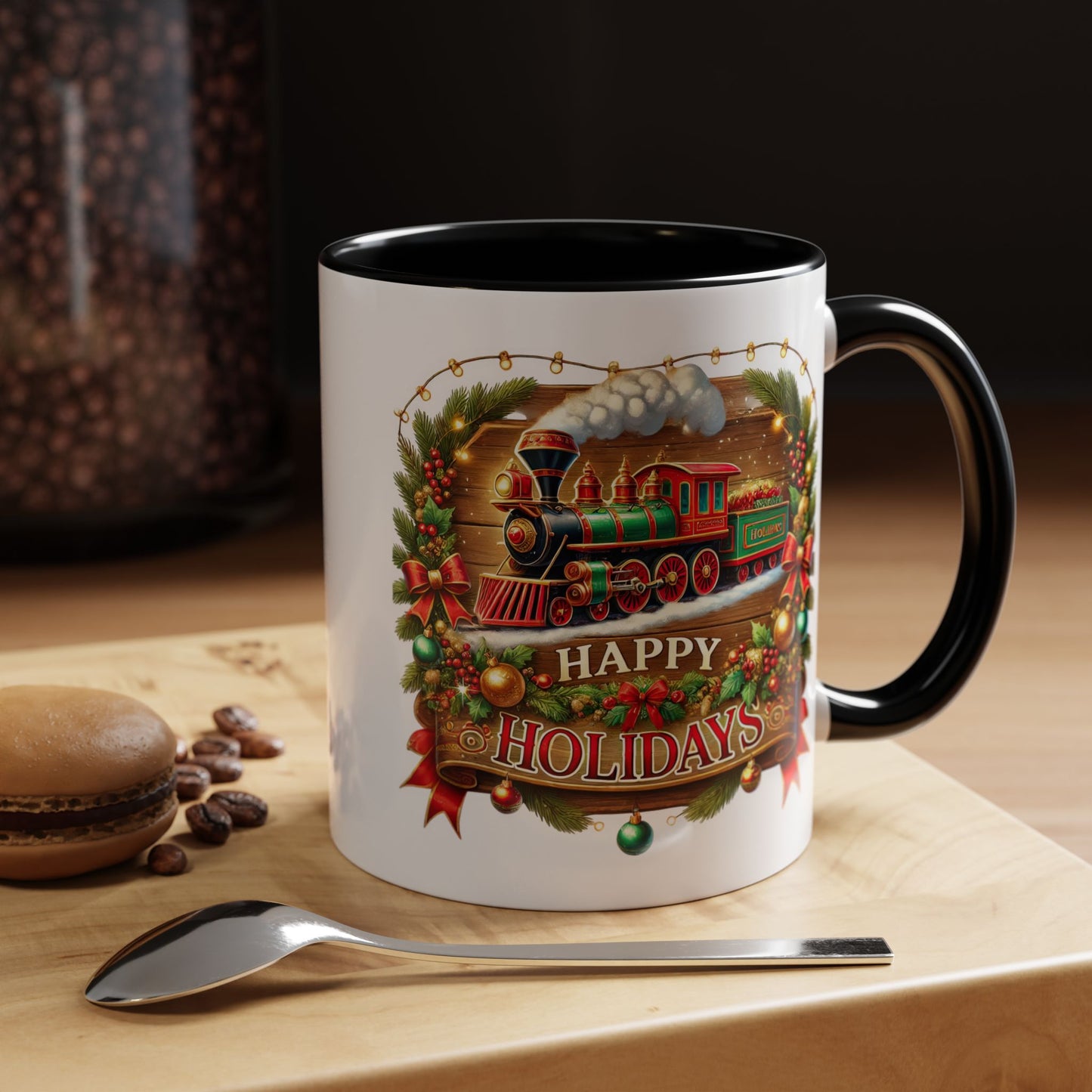 Christmas Mug - Happy Holidays White & Red Text Steam Locomotive