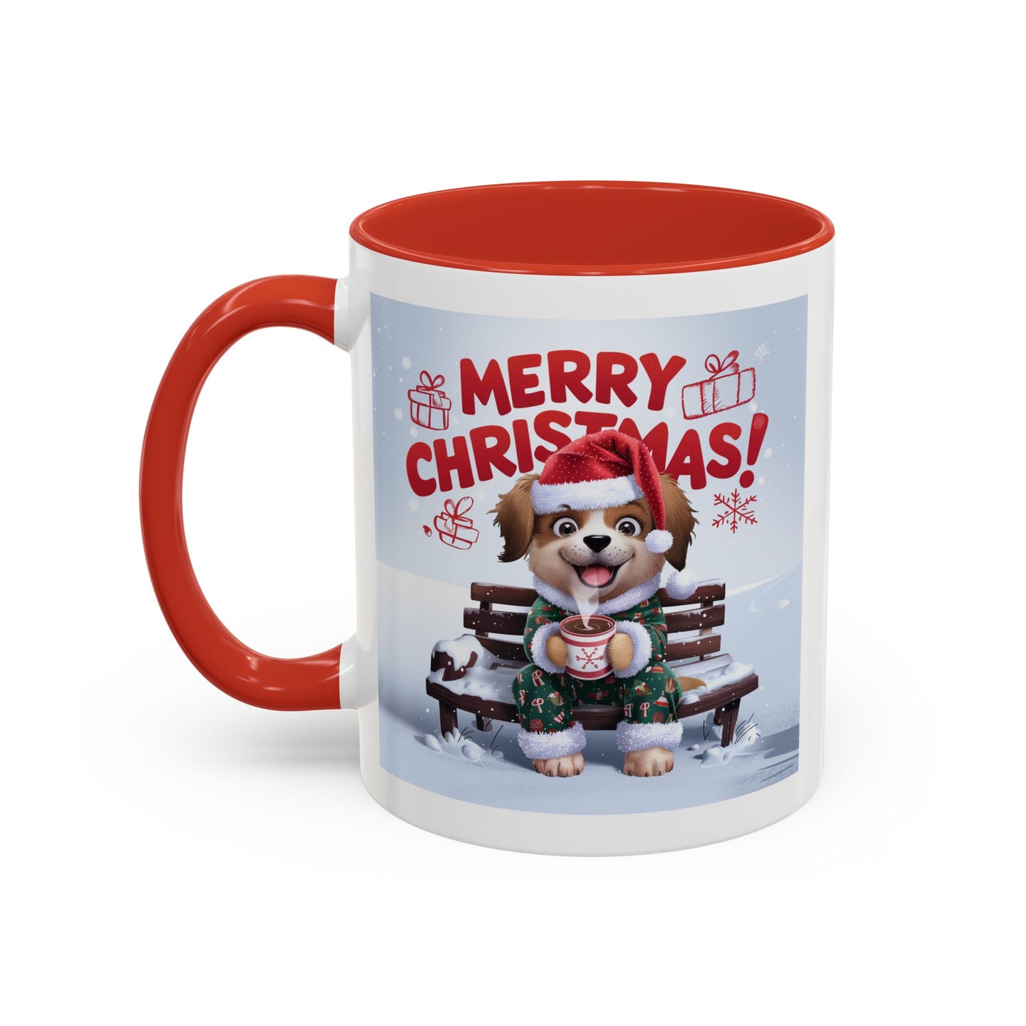 Christmas Mug - Merry Christmas Red Text Puppy Green Top 2