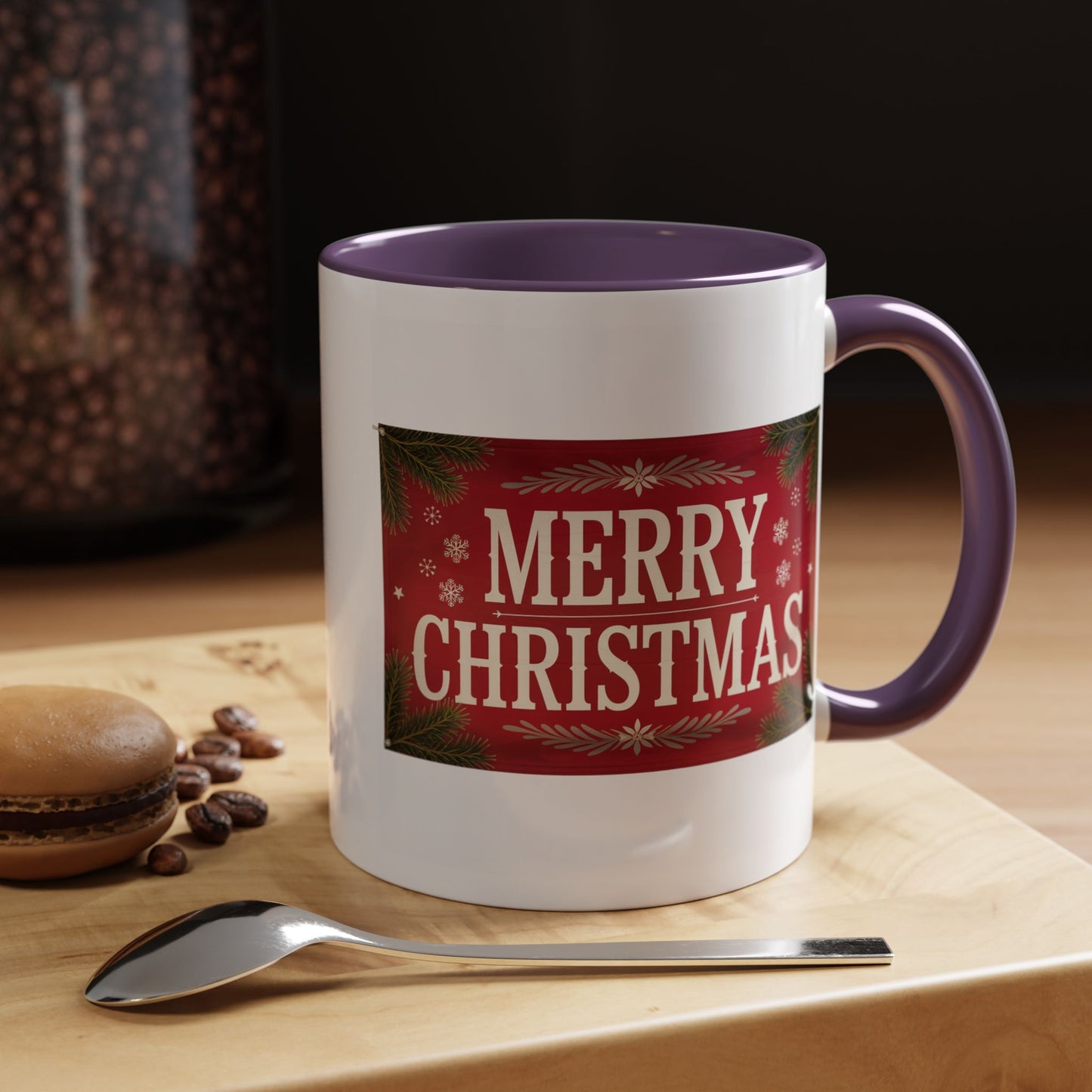 Christmas Mug - Merry Christmas Cream Text Maroon Background