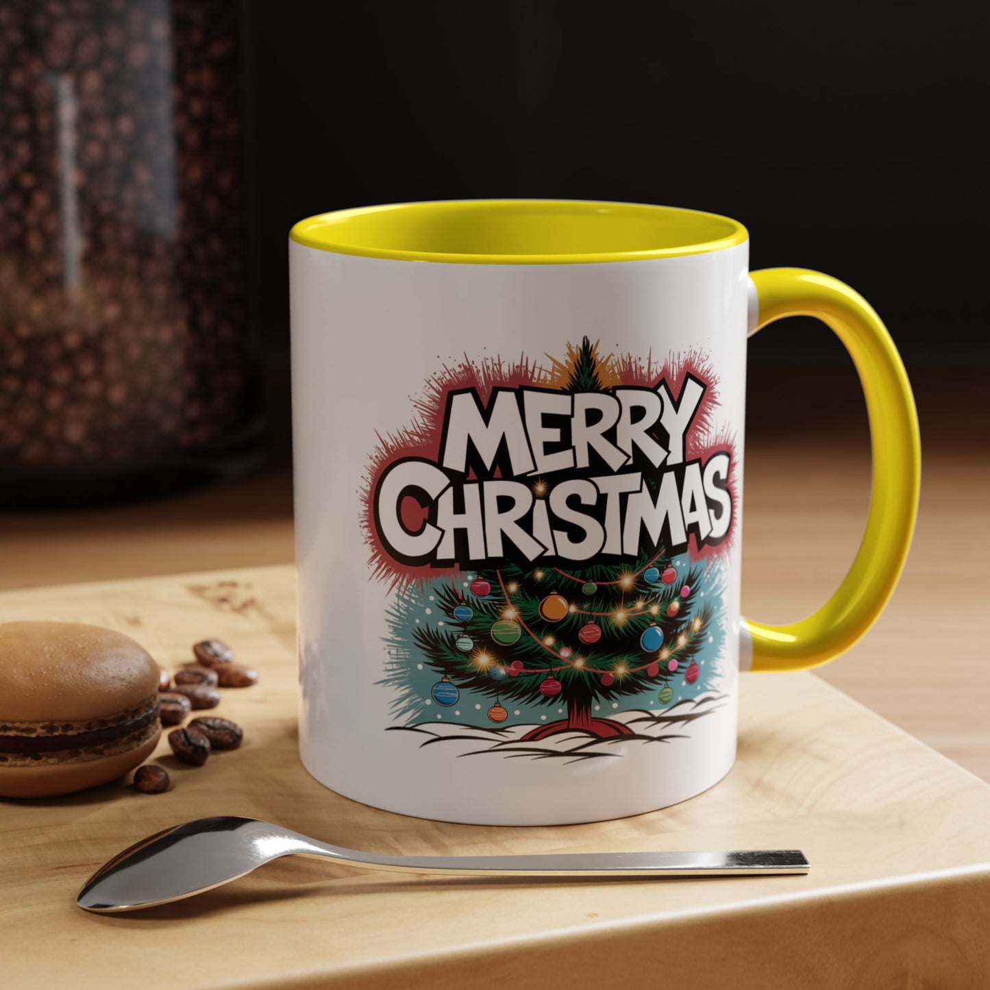 Christmas Mug - Merry Christmas White & Red Text Tree Lights