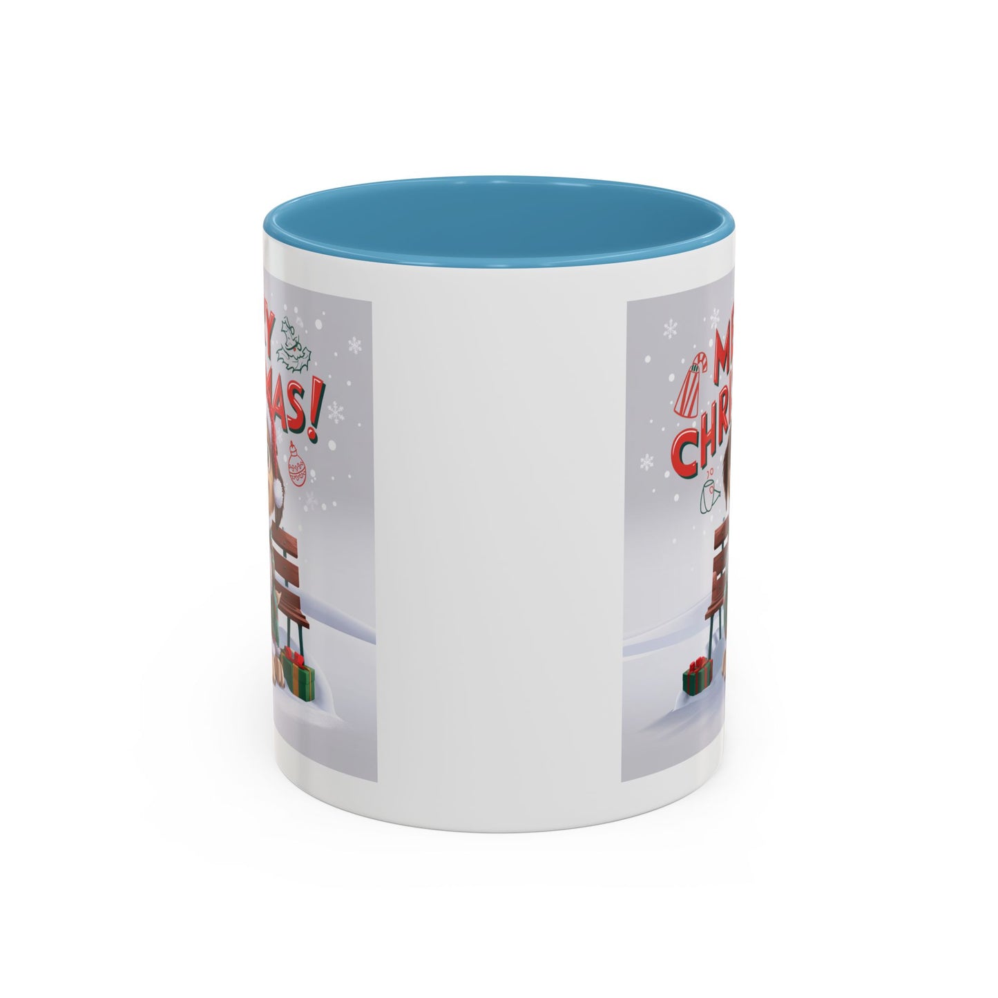 Christmas Mug - Merry Christmas Red Text Puppy Green Top