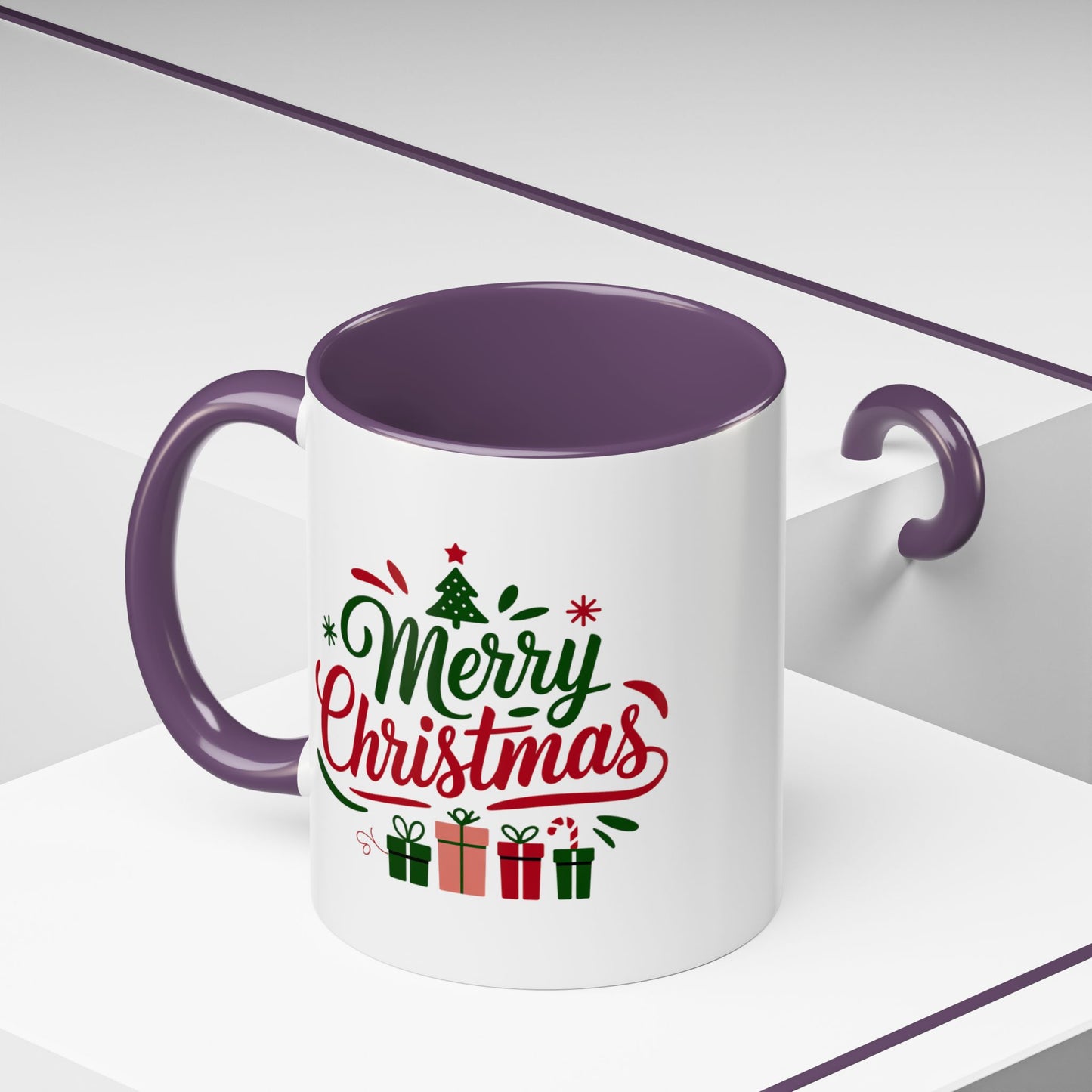 Christmas Mug - Merry Christmas Green & Red Text Tree Snowflakes Presents