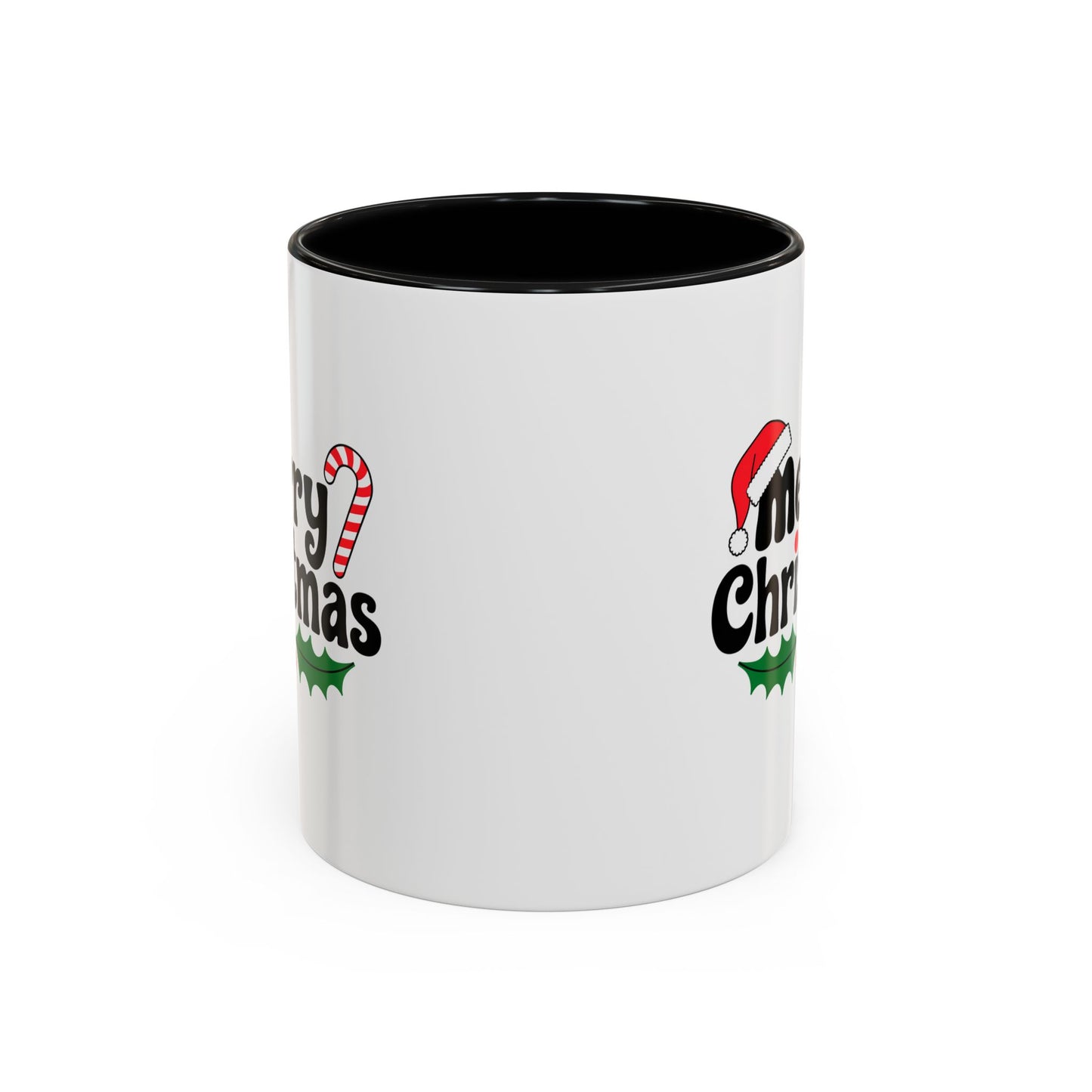 Christmas Mug - Merry Christmas Black Text Hat Cane Misletoe