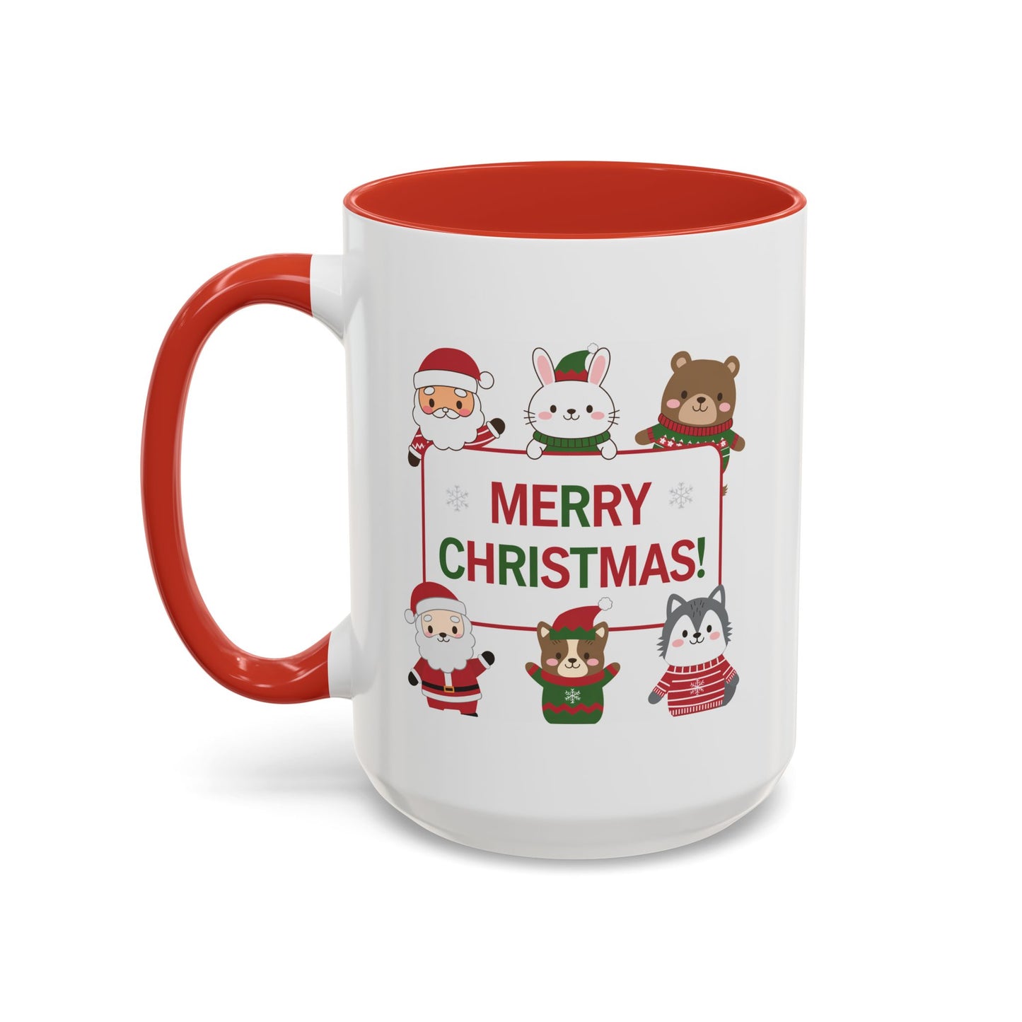Christmas Mug - Merry Christmas Red & Green Text Santa Cute Animals