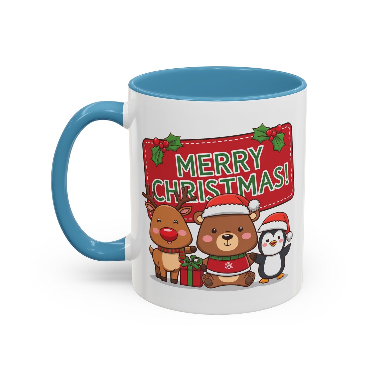 Christmas Mug - Green Text Red Banner Reindeer Bear Penguin