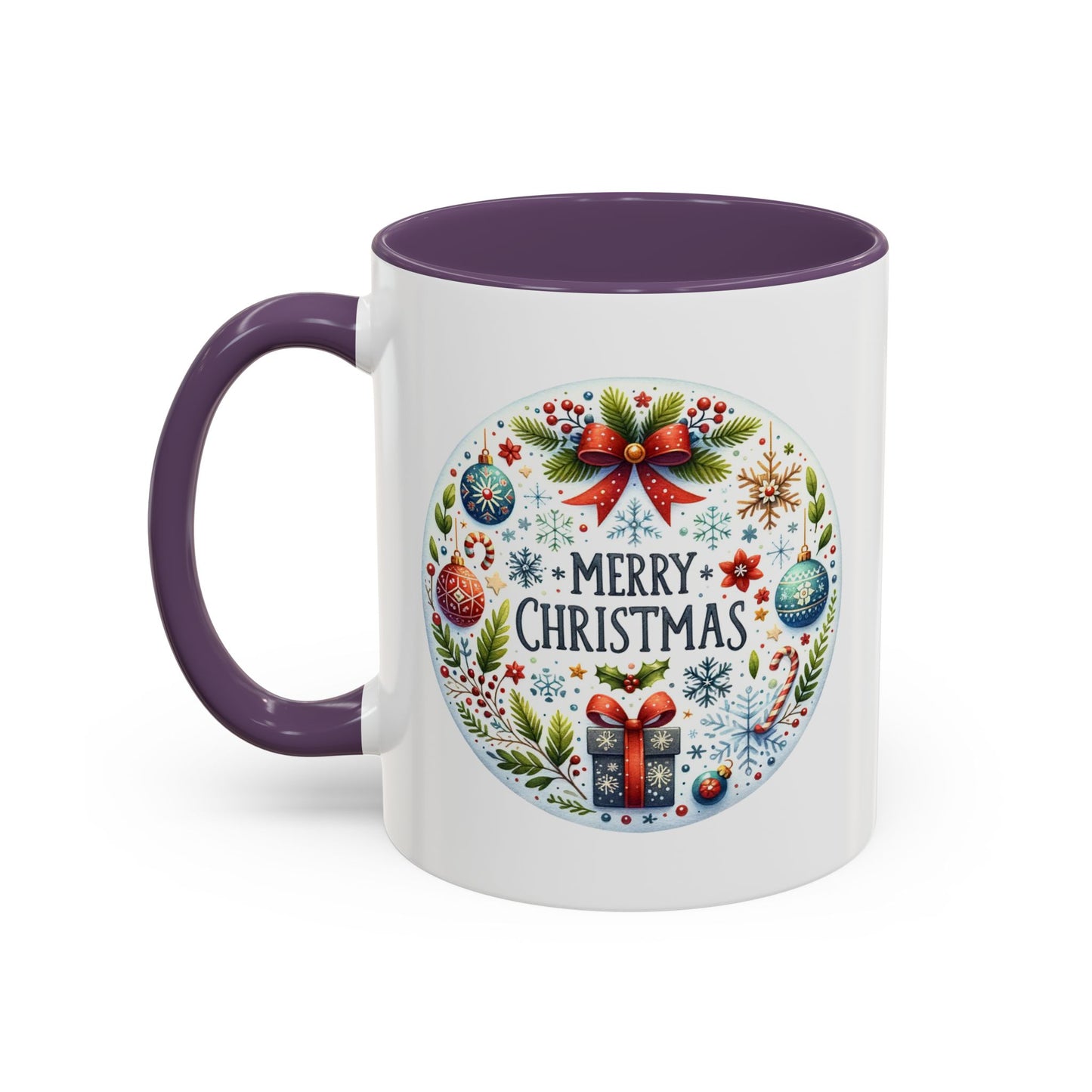 Christmas Mug - Merry Christmas Blue Text Bow Present Ornaments