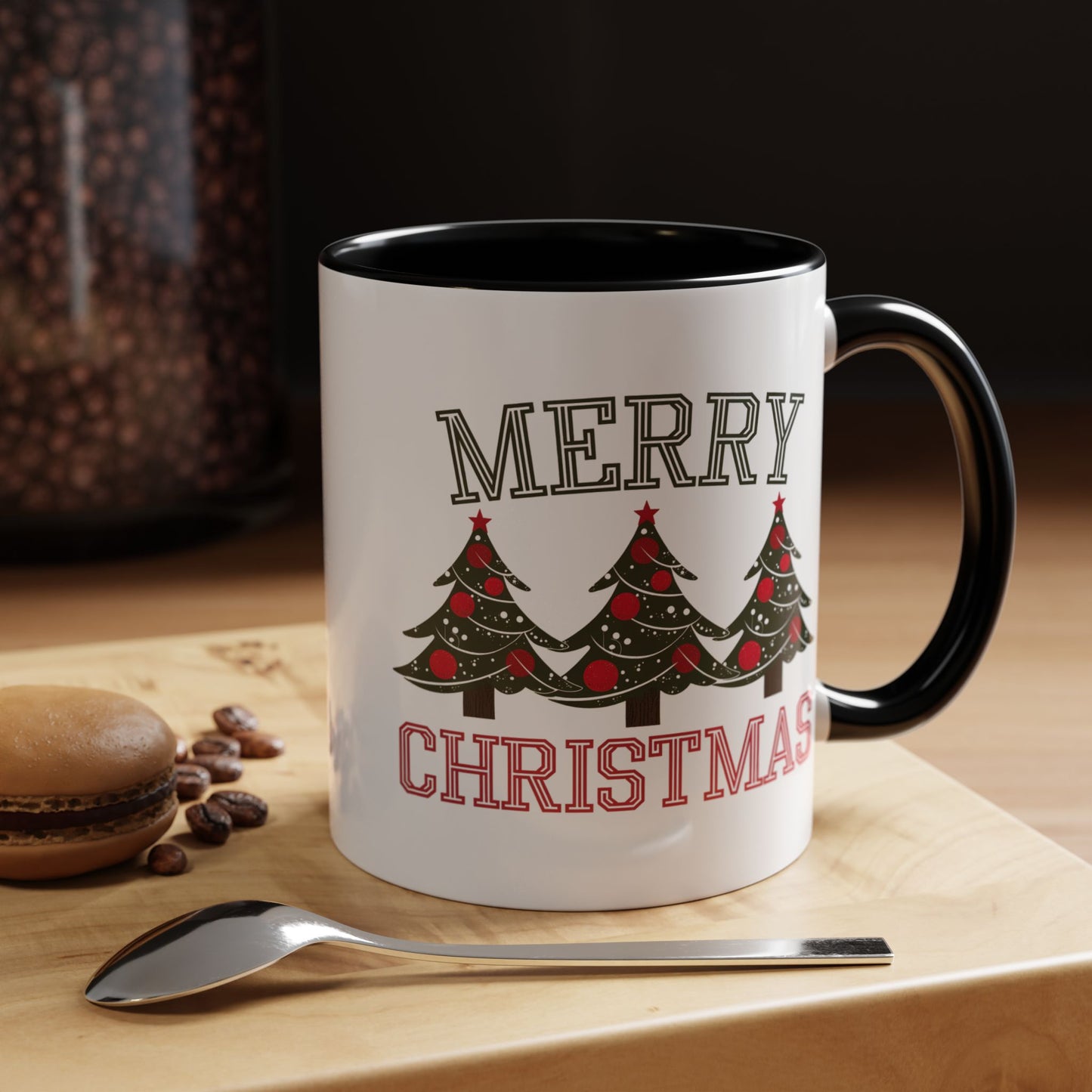 Christmas Mug - Merry Christmas Green & Red Text Decorative Trees