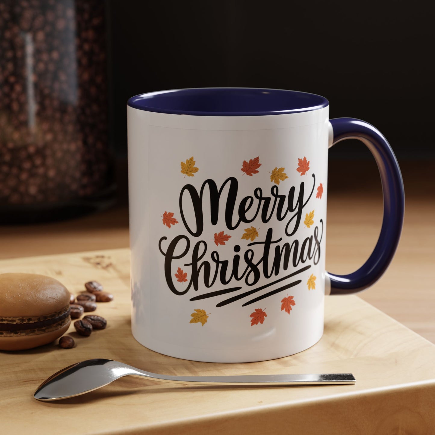 Christmas Mug - Merry Christmas Black Text Fall Leaves