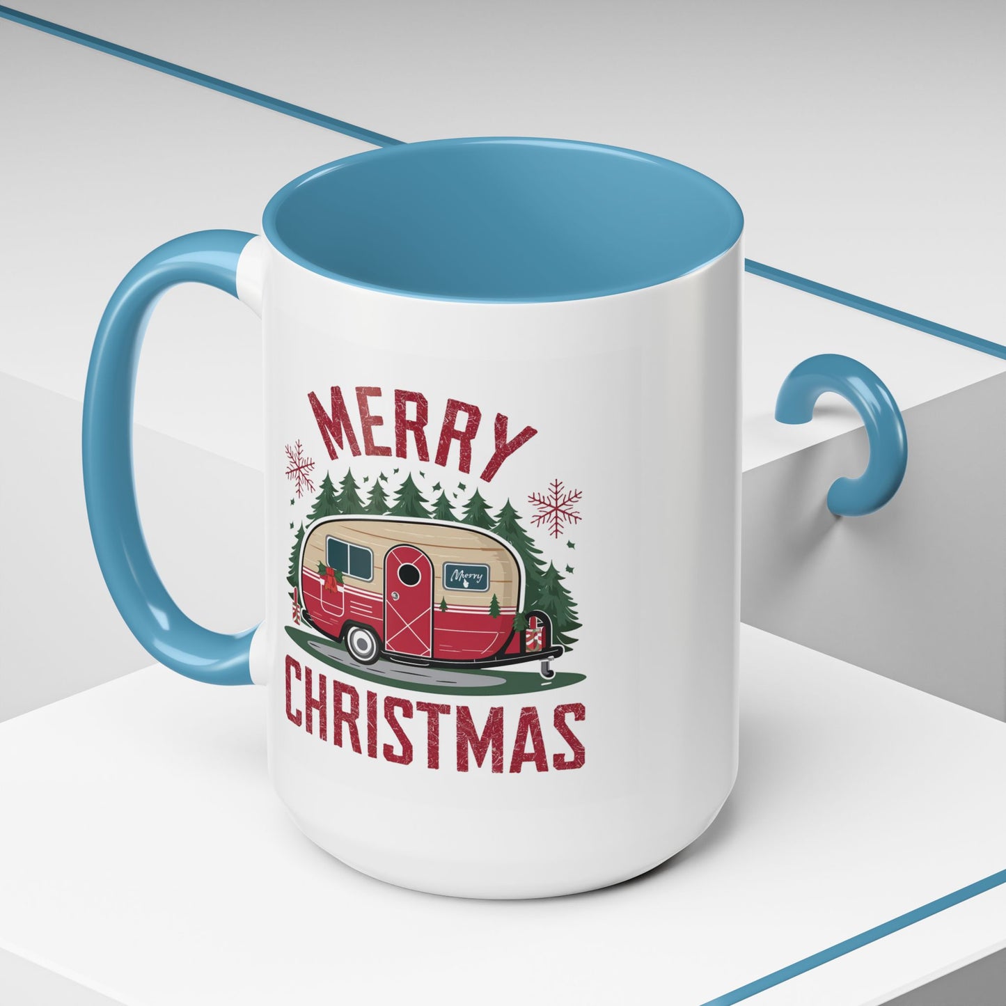 Christmas Mug - Merry Christmas Maroon Text Camper Trees Snowflakes