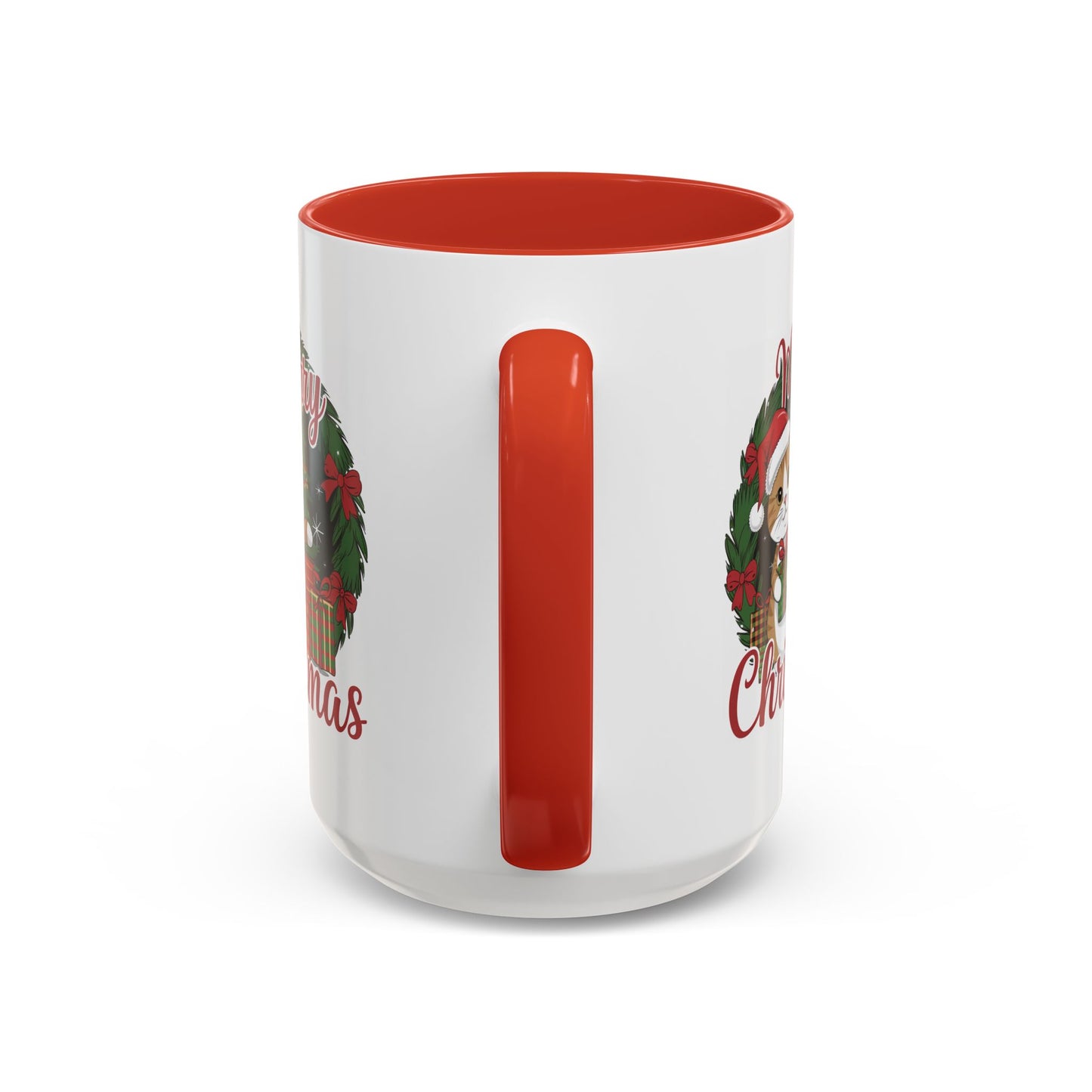 Christmas Mug - Merry Christmas Red Text Cat Presents Wreath