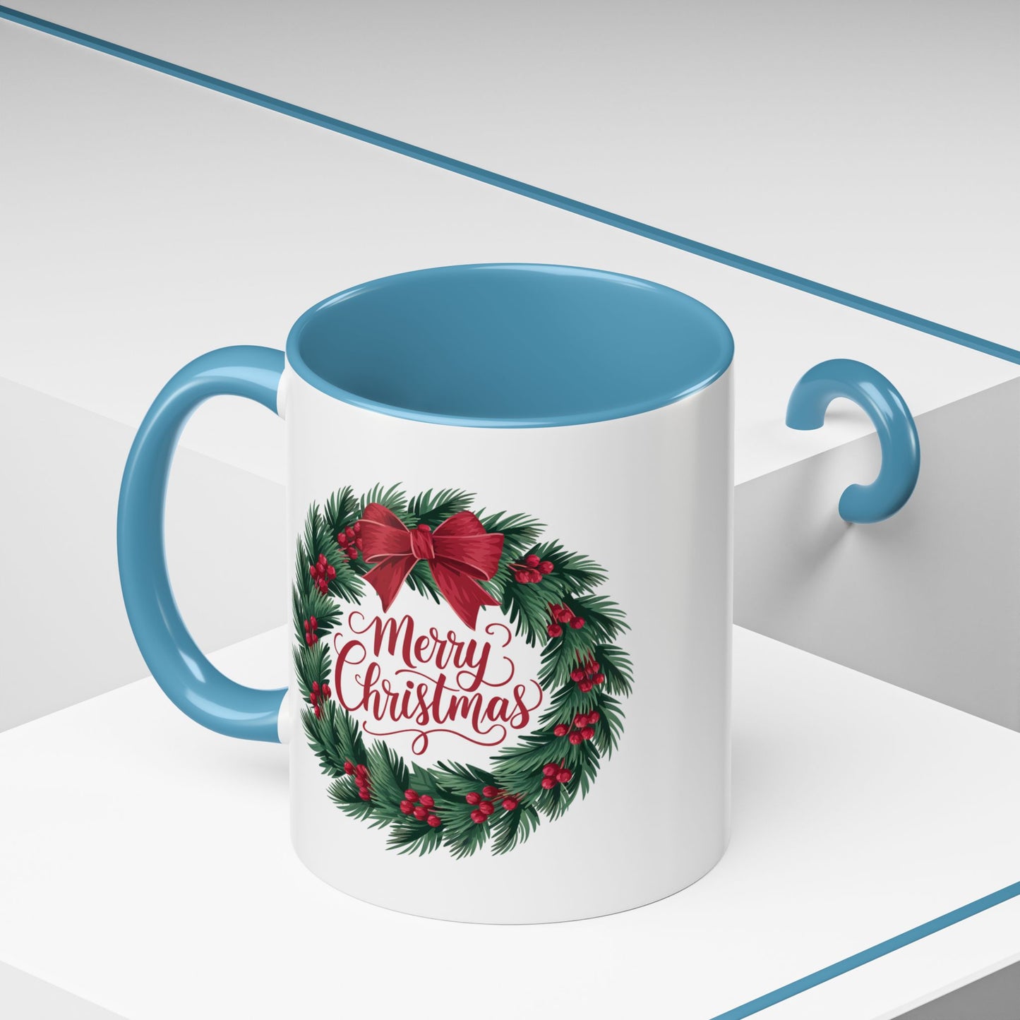 Christmas Mug - Merry Christmas Red Text Bow Wreath