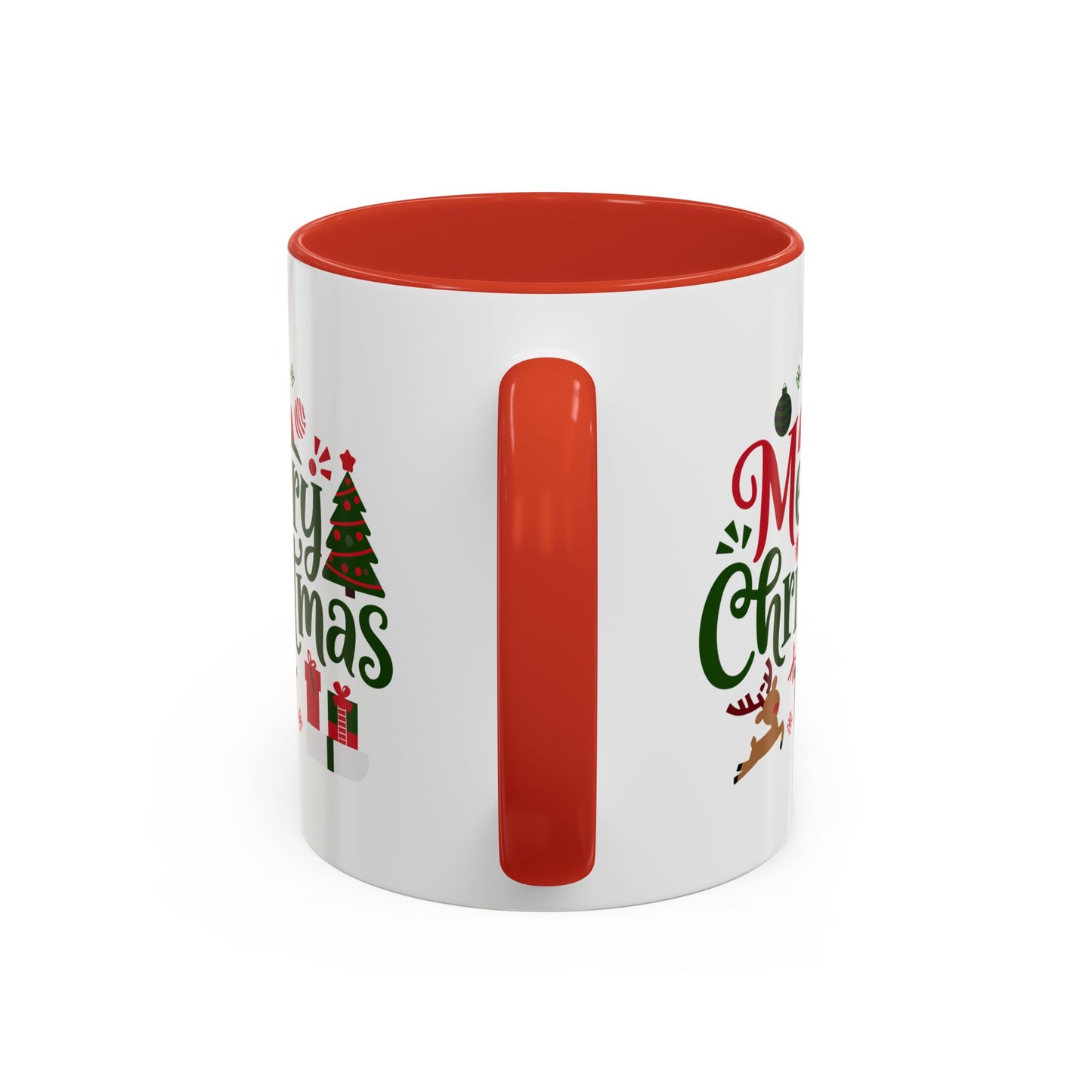 Christmas Mug - Merry Christmas Red & Green Text Santa Reindeer Tree Sleigh Ornaments