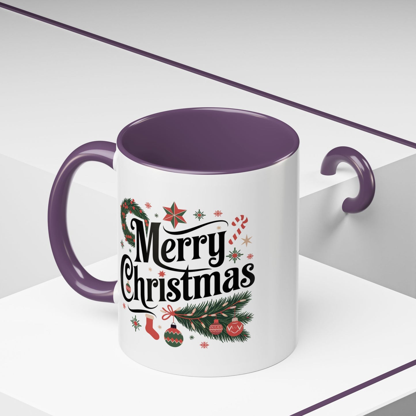 Christmas Mug - Merry Christmas Black Text Star Stocking Ornament Candy Cane