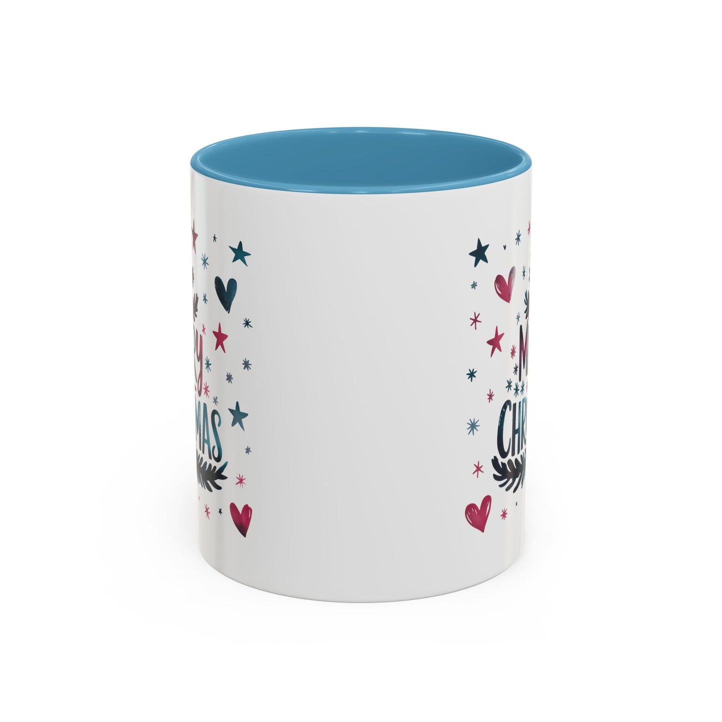 Christmas Mug - Merry Christmas Maroon & Blue Text Tree Hearts Stars