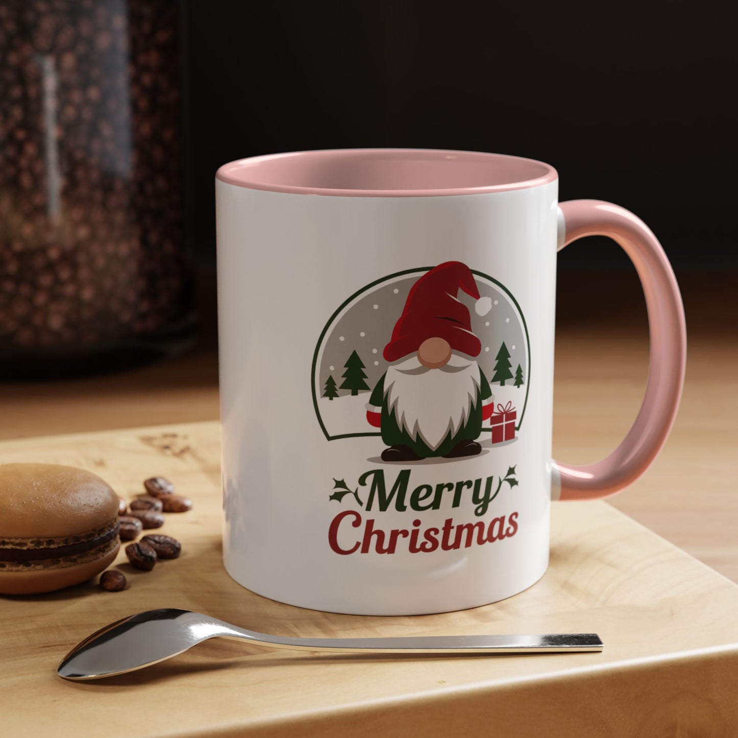 Christmas Mug - Merry Christmas Green & Red Text Gnome Present Trees