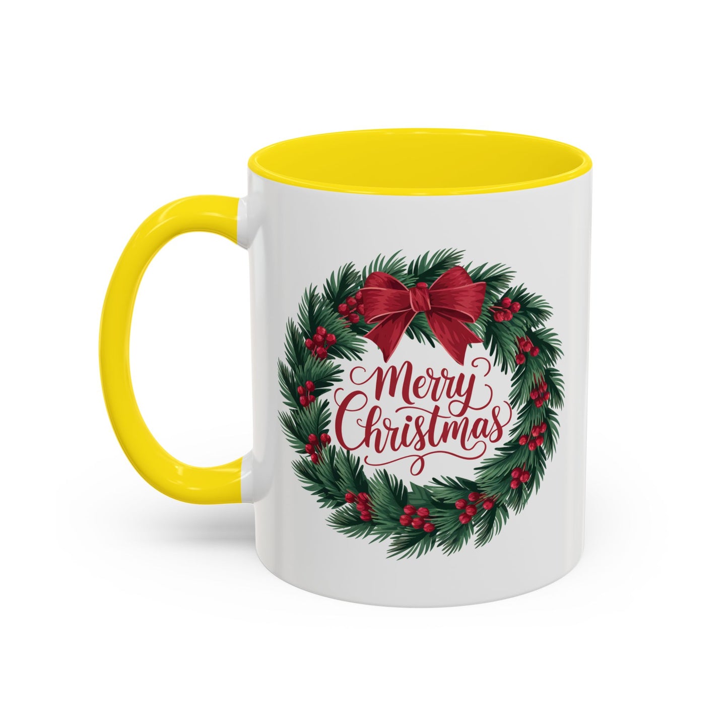 Christmas Mug - Merry Christmas Red Text Bow Wreath
