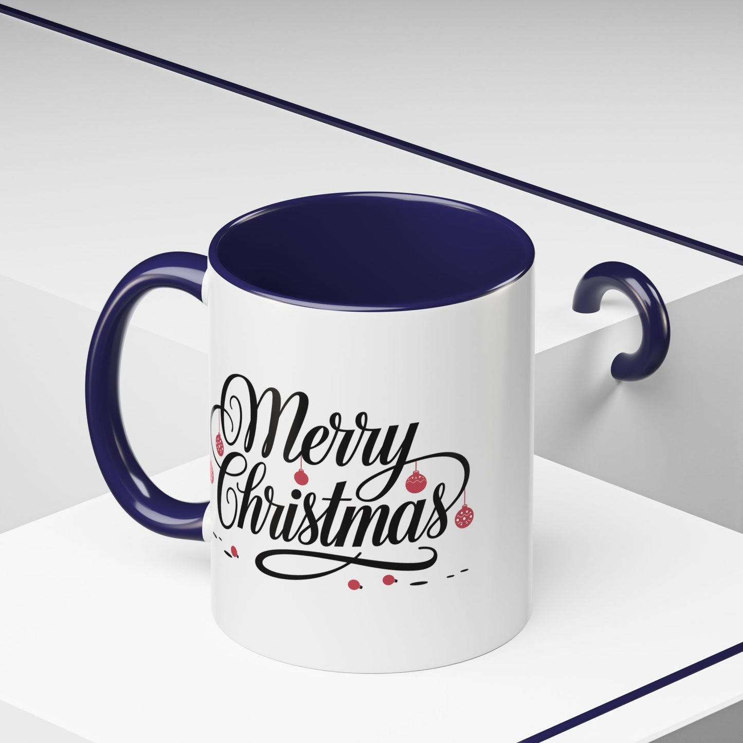 Christmas Mug - Merry Christmas Black Text Red Ornaments