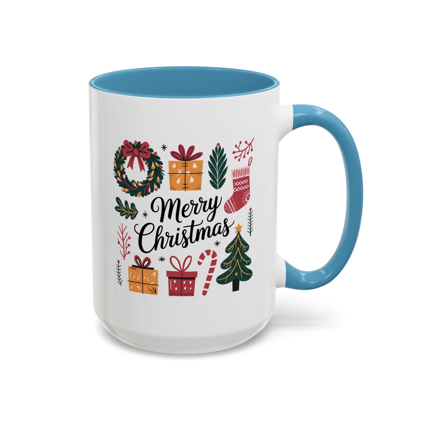 Christmas Mug - Merry Christmas Green Text Presents Tree Candy Cane