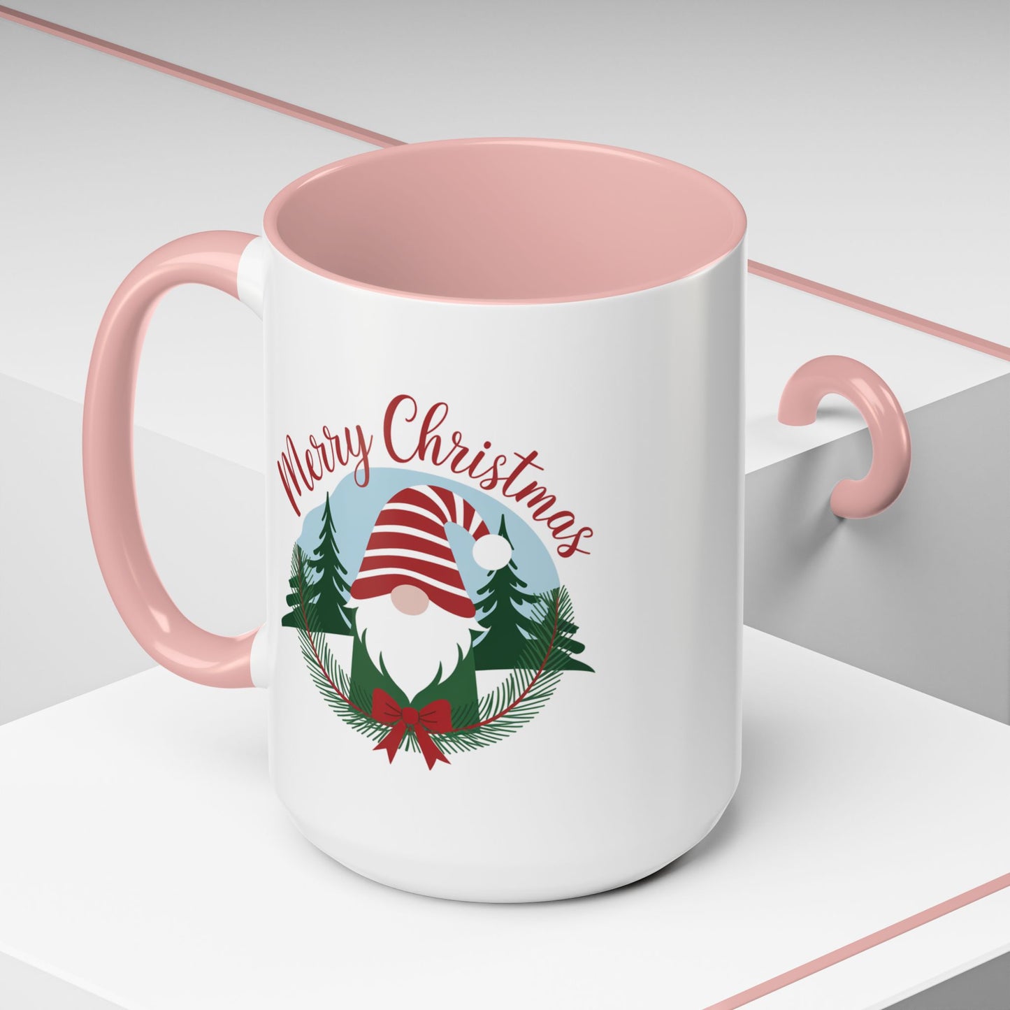 Christmas Mug - Merry Christmas Red Text Gnome Bow Tree