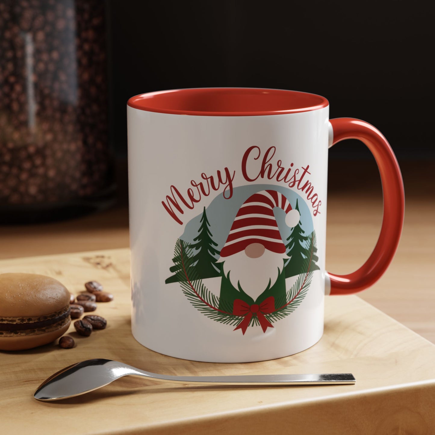 Christmas Mug - Merry Christmas Red Text Gnome Bow Tree