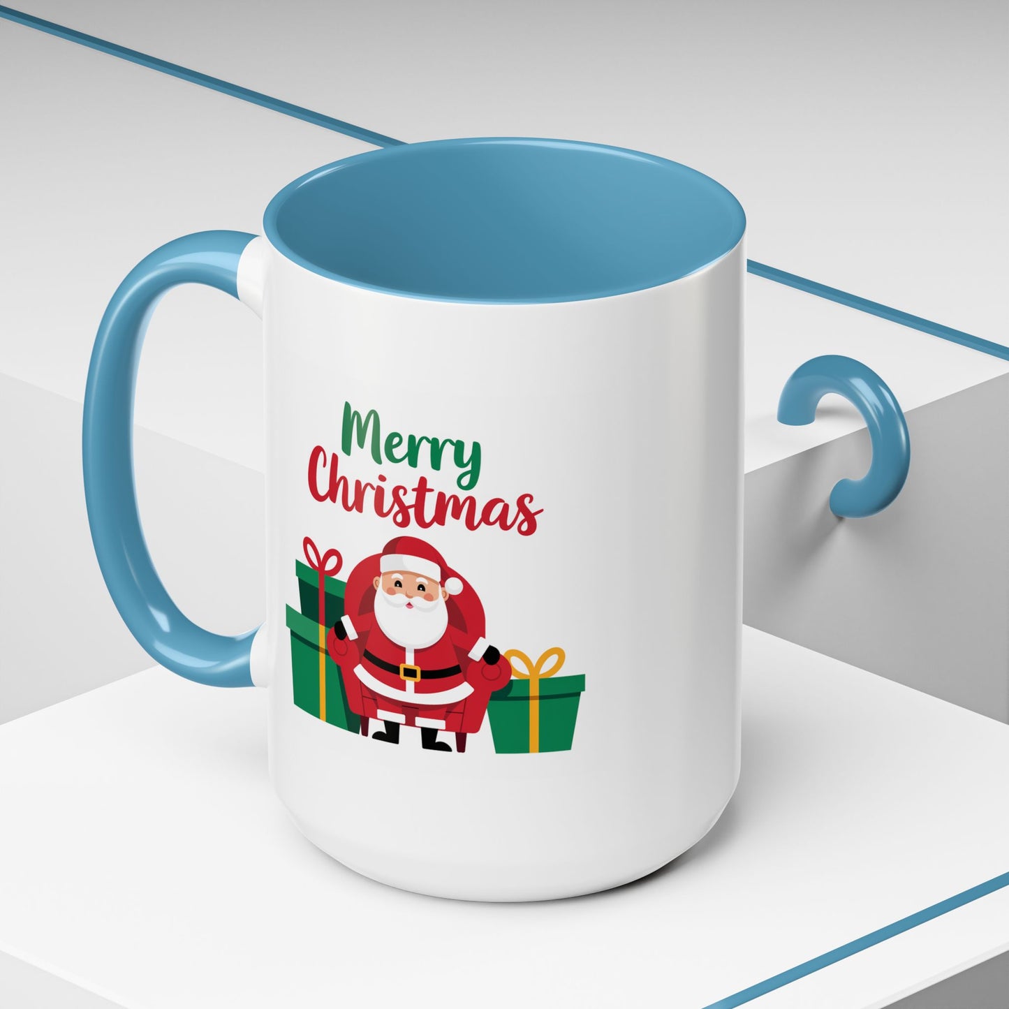 Christmas Mug - Merry Christmas Green & Red Text Santa Presents