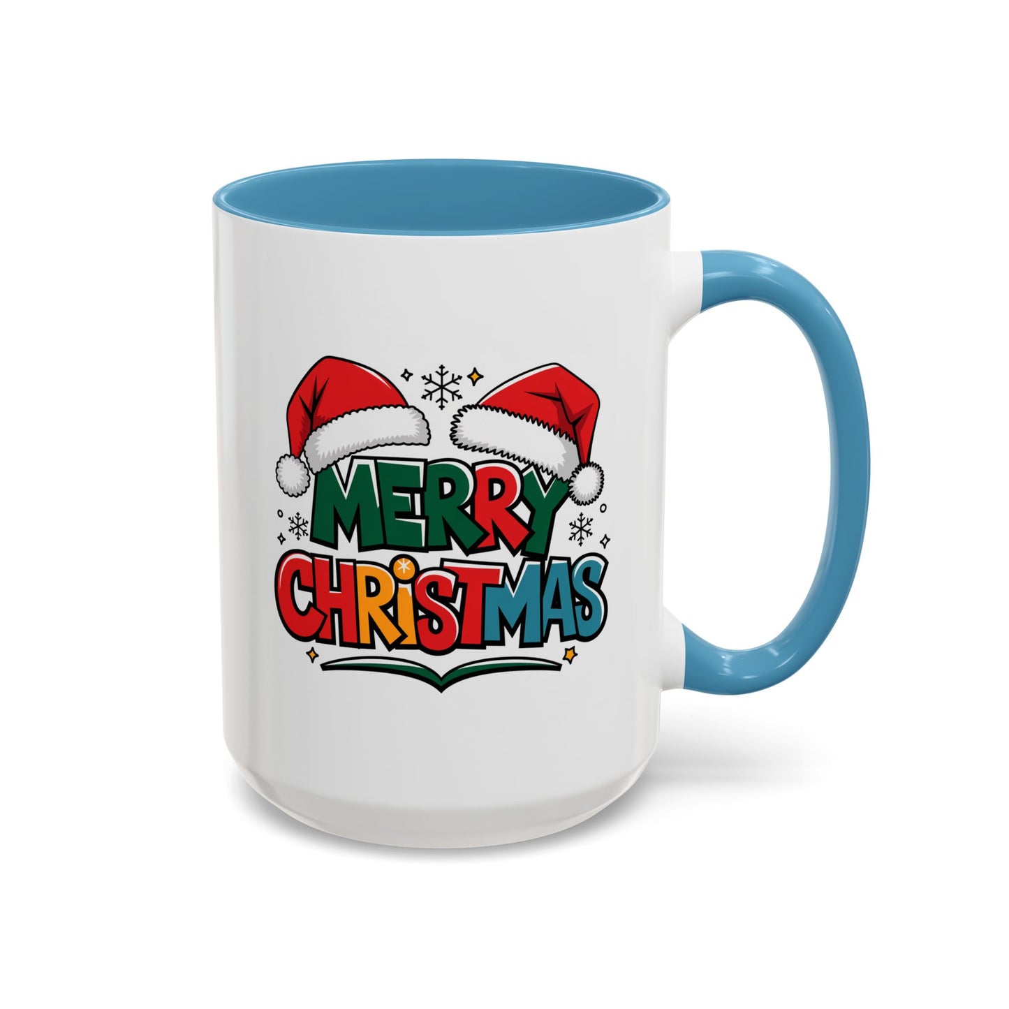 Christmas Mug - Merry Christmas Green Red Yellow and Blue Text Red Hats