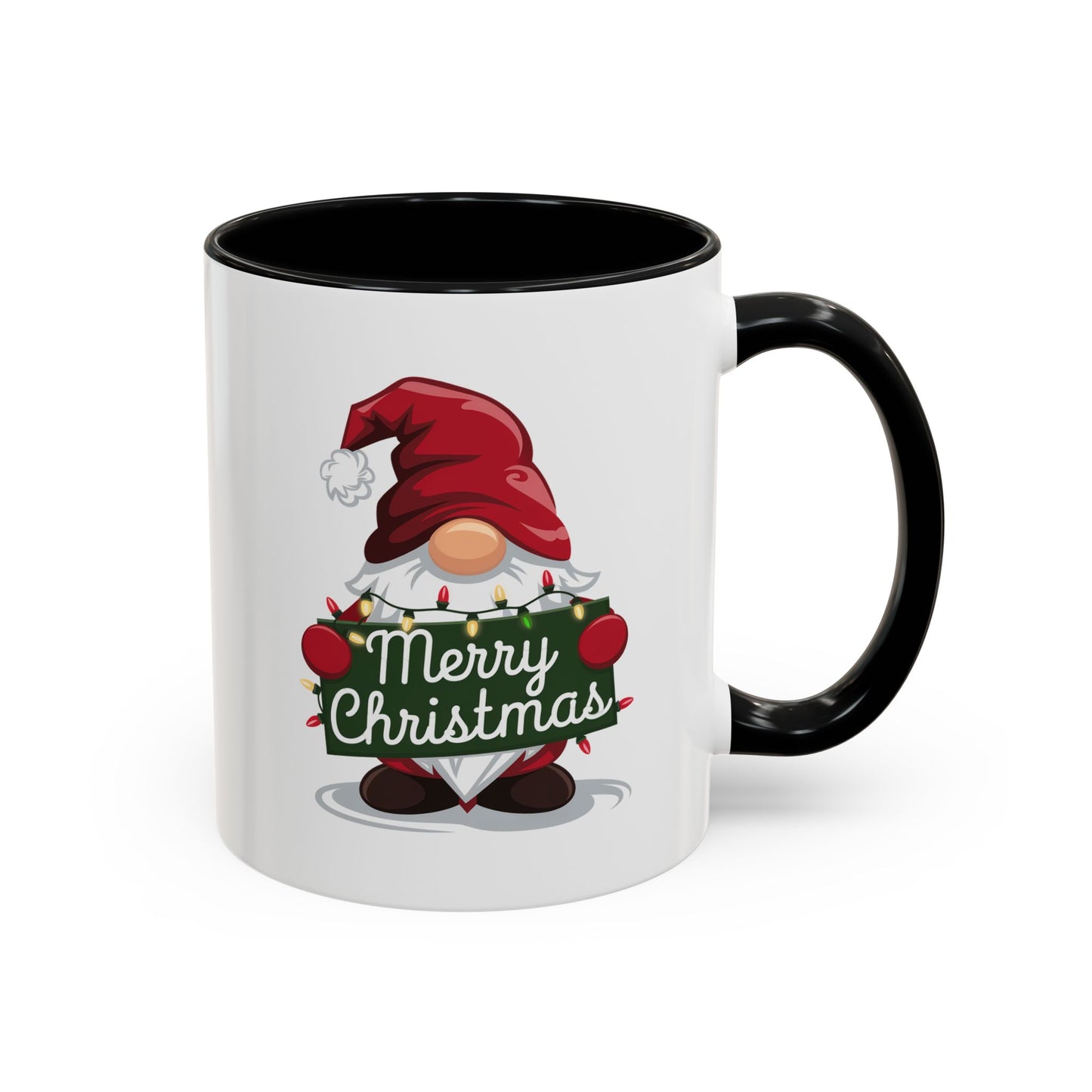 Christmas Mug - Merry Christmas White & Green Text Gnome Lights