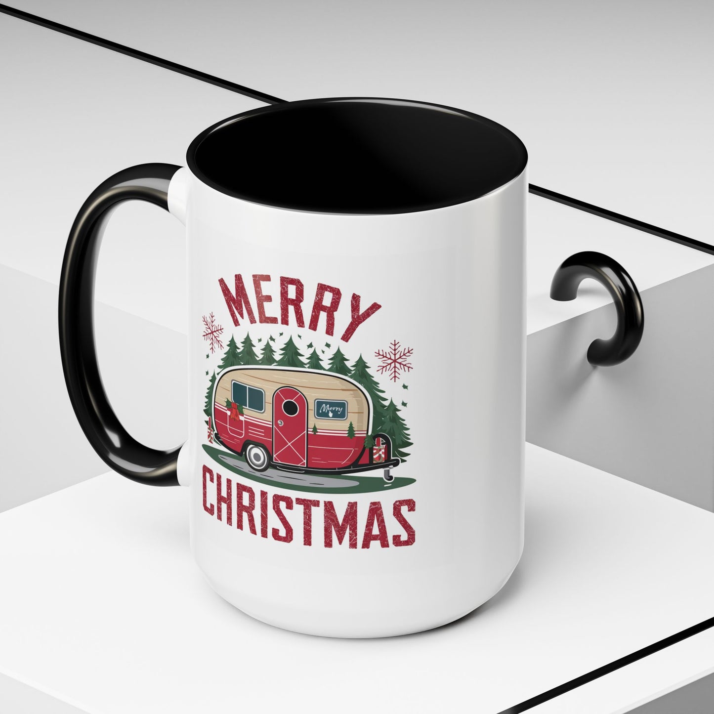 Christmas Mug - Merry Christmas Maroon Text Camper Trees Snowflakes