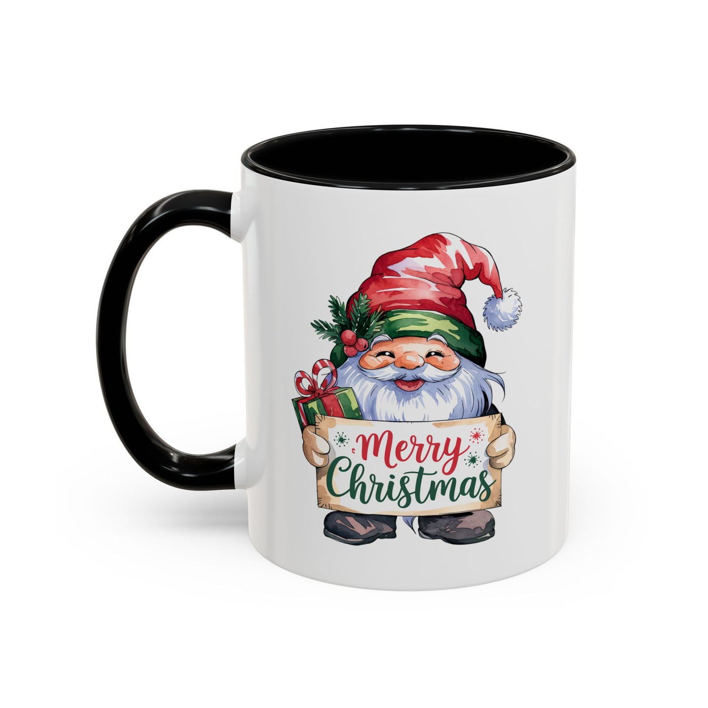 Christmas Mug - Merry Christmas Red & Green Text Gnome Present