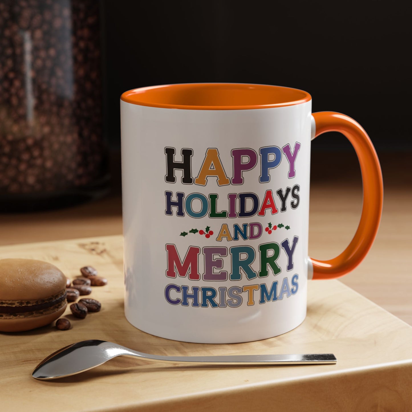 Christmas Mug - Happy Holidays and Merry Christmas Blue Yellow Purple Orange Red Text