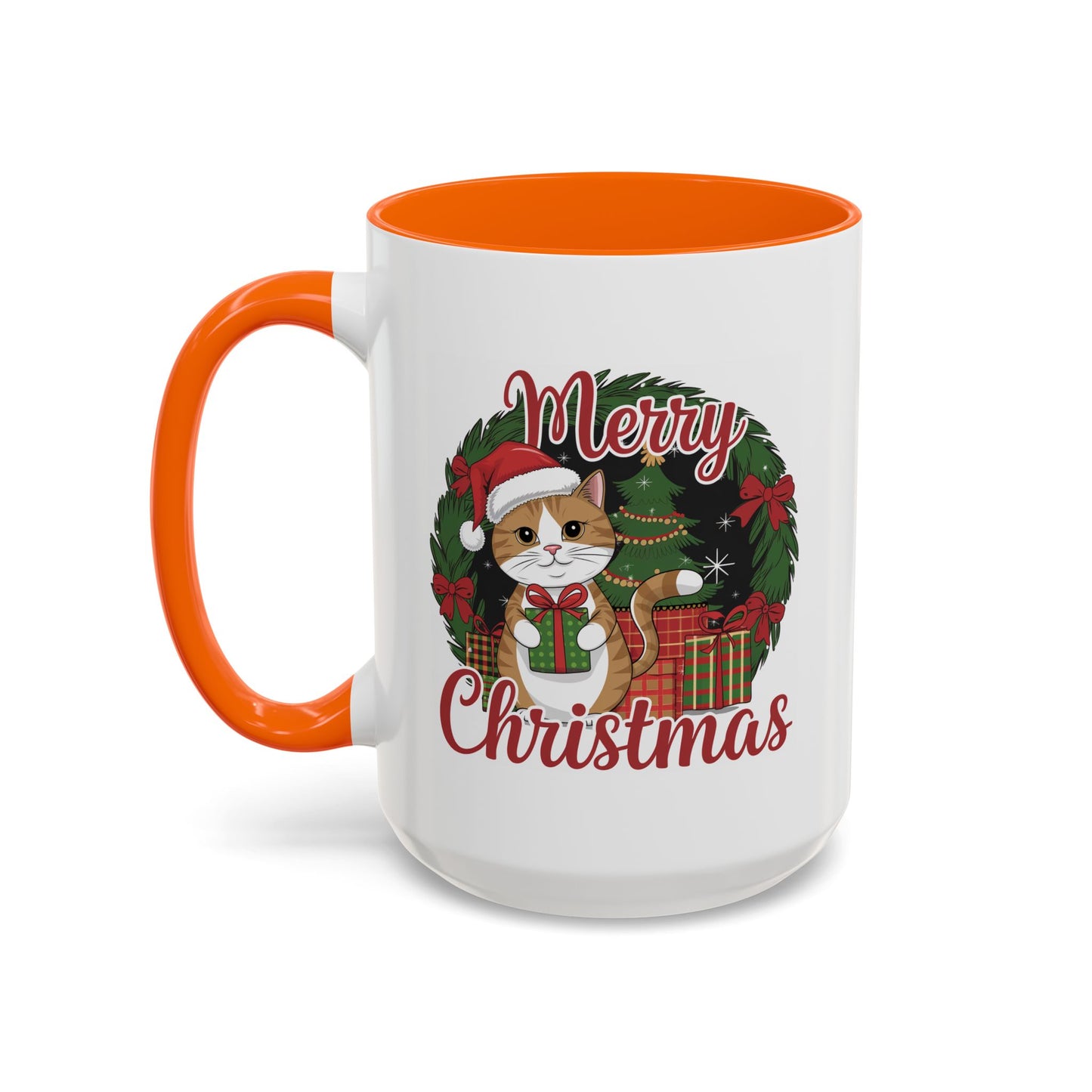 Christmas Mug - Merry Christmas Red Text Cat Presents Wreath