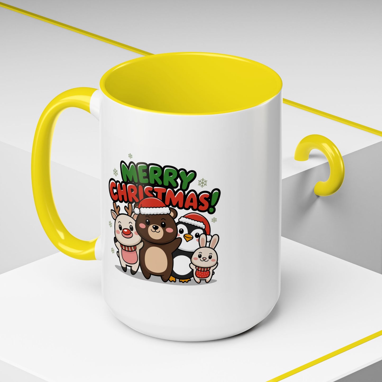 Christmas Mug - Merry Christmas Green & Red Text Cute Animals