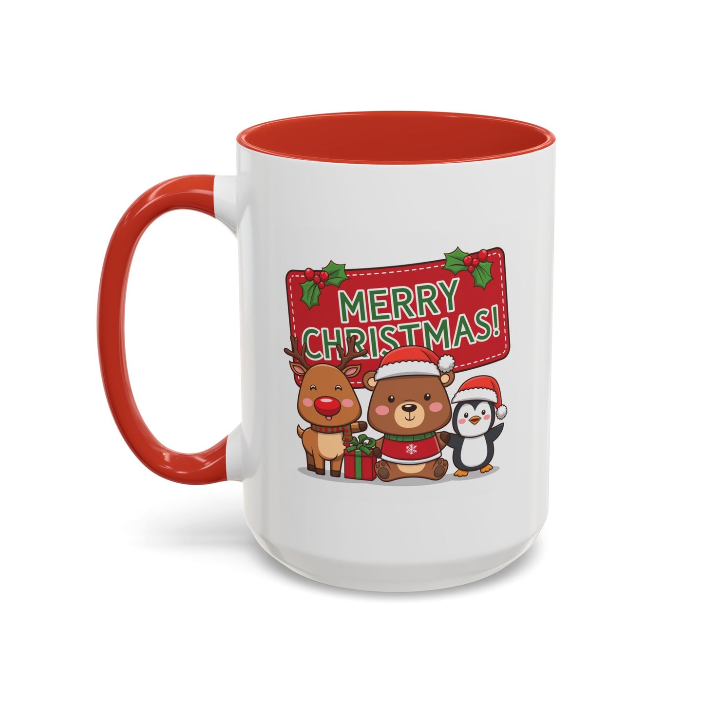 Christmas Mug - Green Text Red Banner Reindeer Bear Penguin