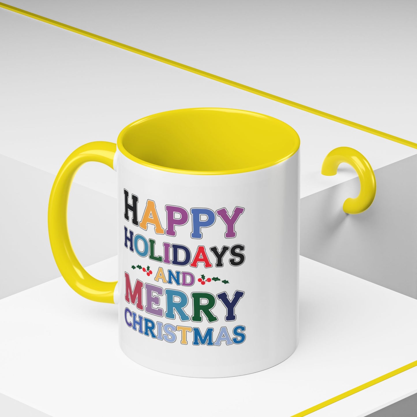 Christmas Mug - Happy Holidays and Merry Christmas Blue Yellow Purple Orange Red Text