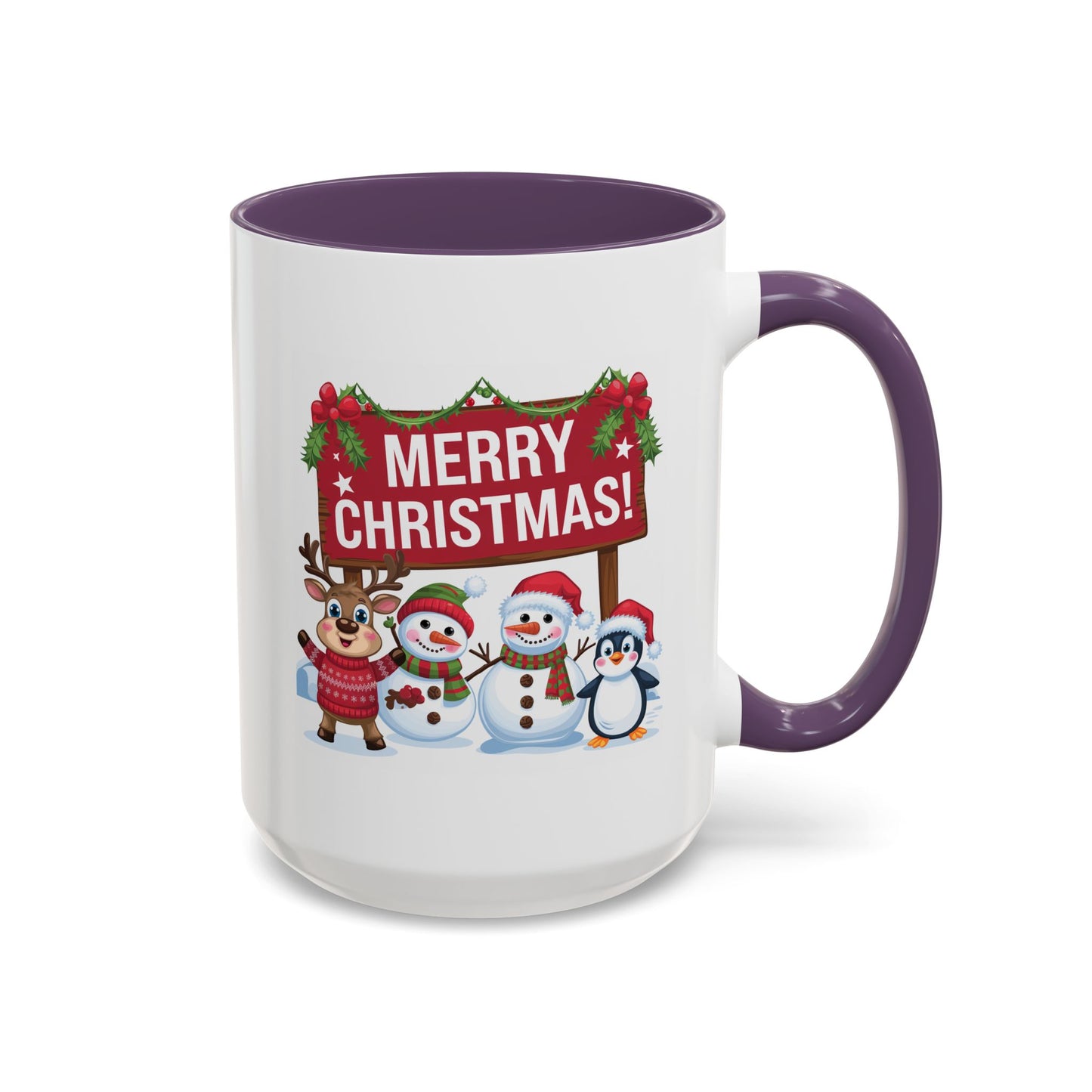 Christmas Mug - Merry Christmas White Text Reindeer Snowmen Penguin