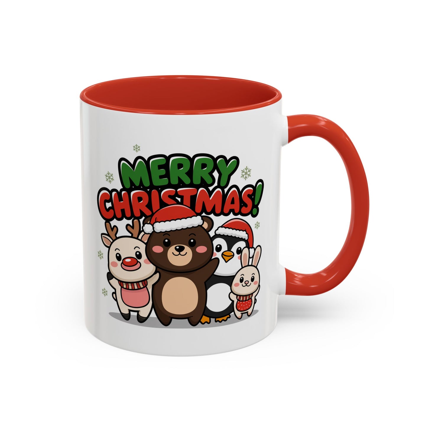 Christmas Mug - Merry Christmas Green & Red Text Cute Animals