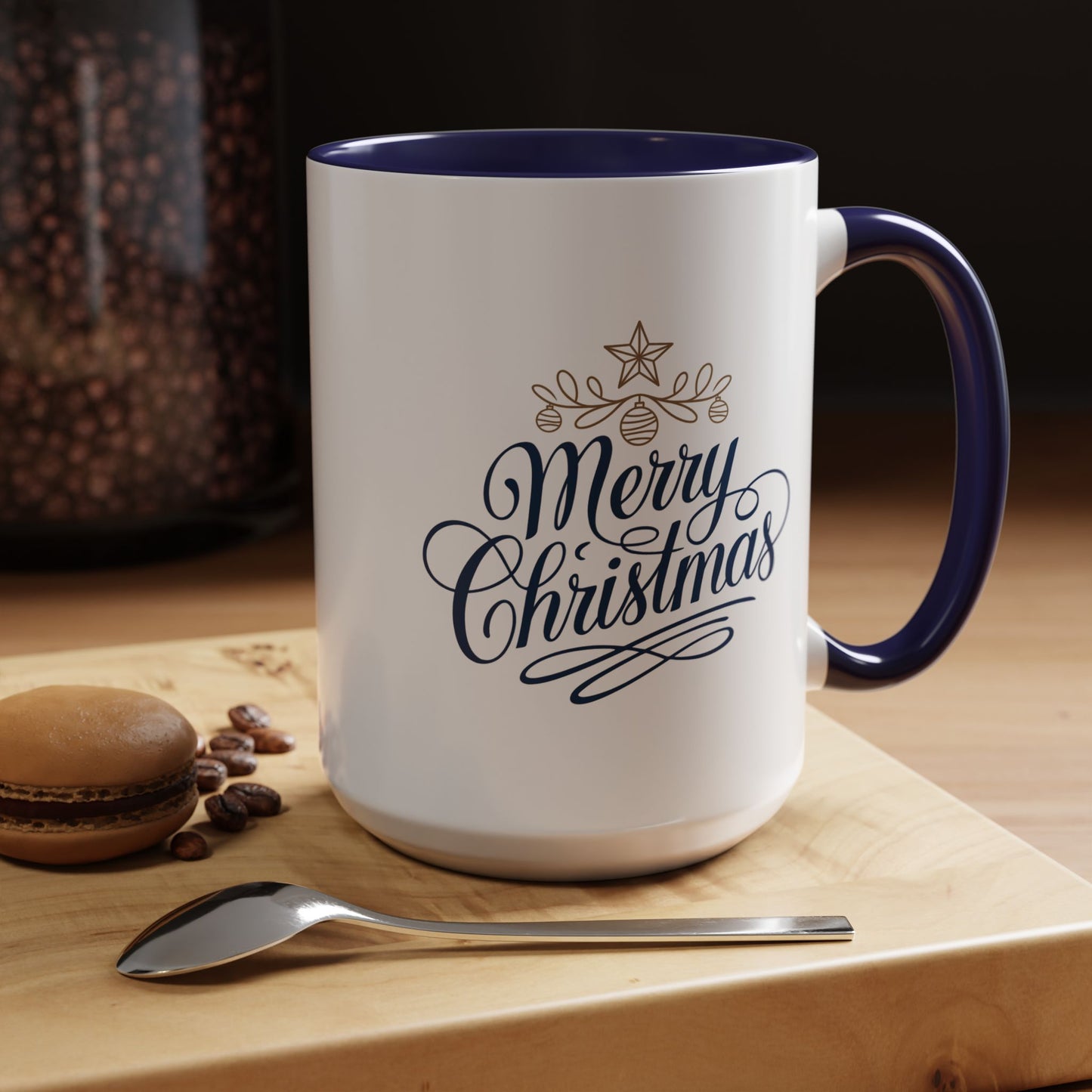 Christmas Mug - Merry Christmas Blue Text Gold Ornaments