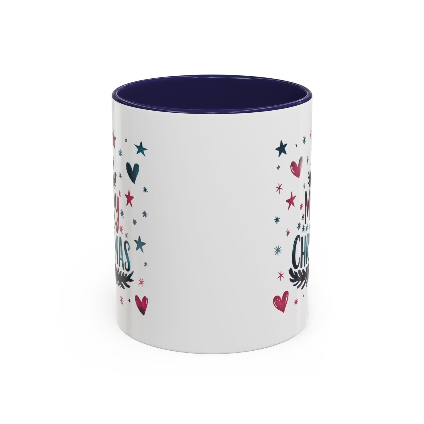Christmas Mug - Merry Christmas Maroon & Blue Text Tree Hearts Stars
