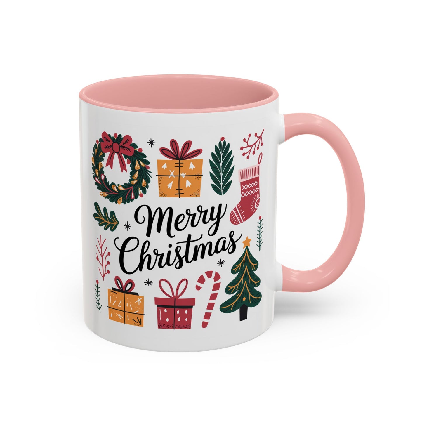 Christmas Mug - Merry Christmas Green Text Presents Tree Candy Cane