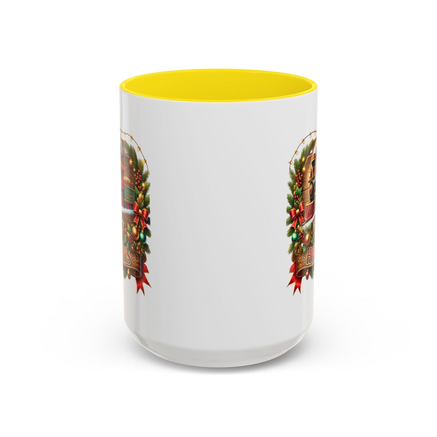 Christmas Mug - Happy Holidays White & Red Text Steam Locomotive