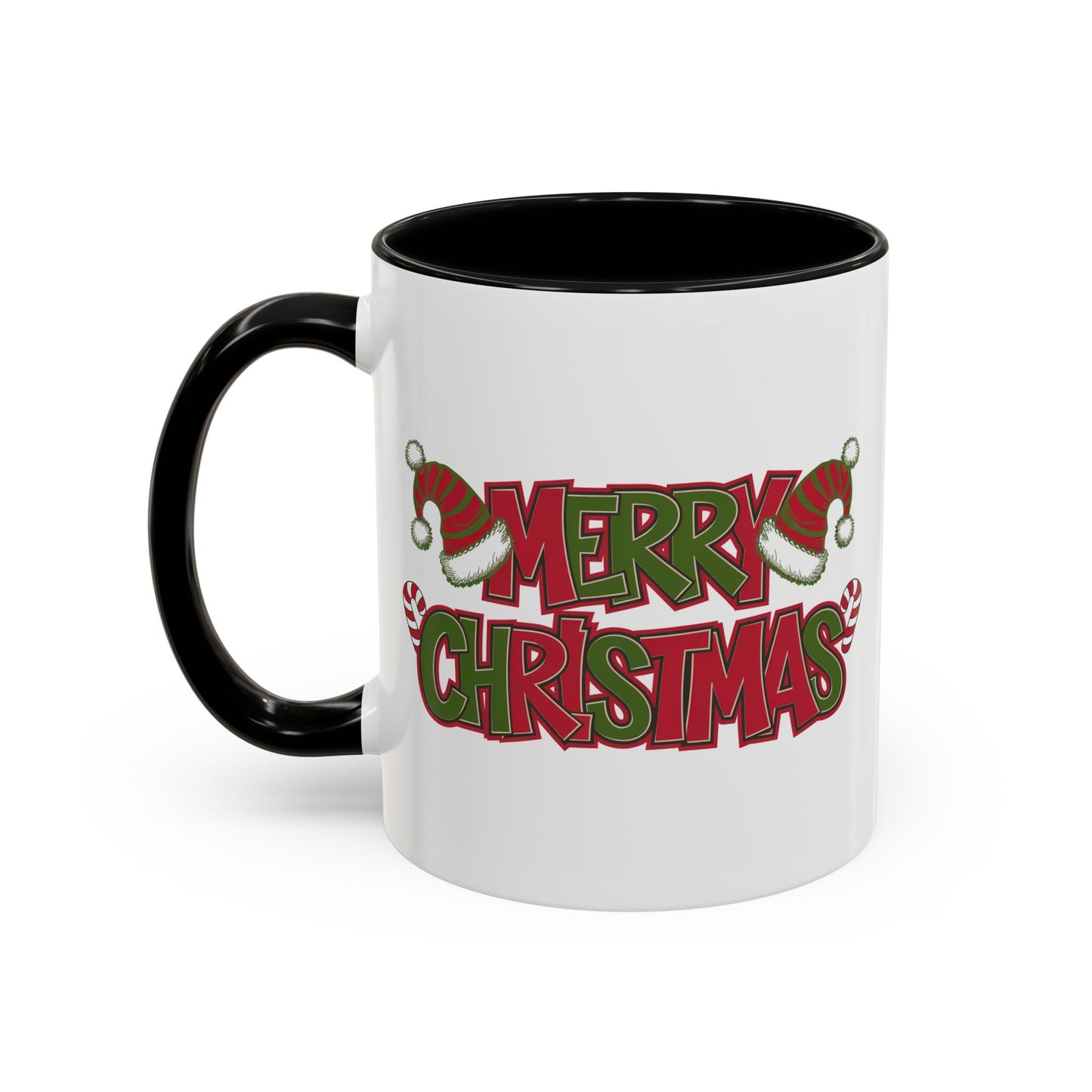 Christmas Mug - Merry Christmas Red & Green Text Hats Candy Canes