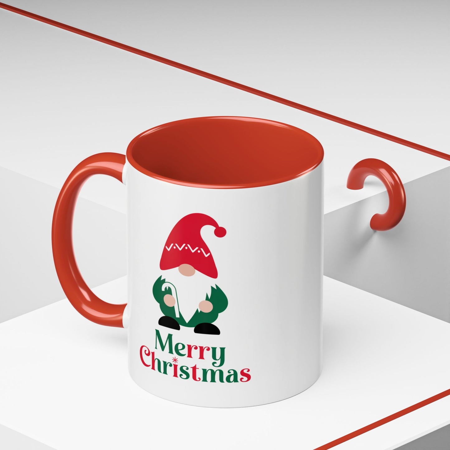 Christmas Mug - Merry Christmas Green & Red Text Gnome Candy Cane