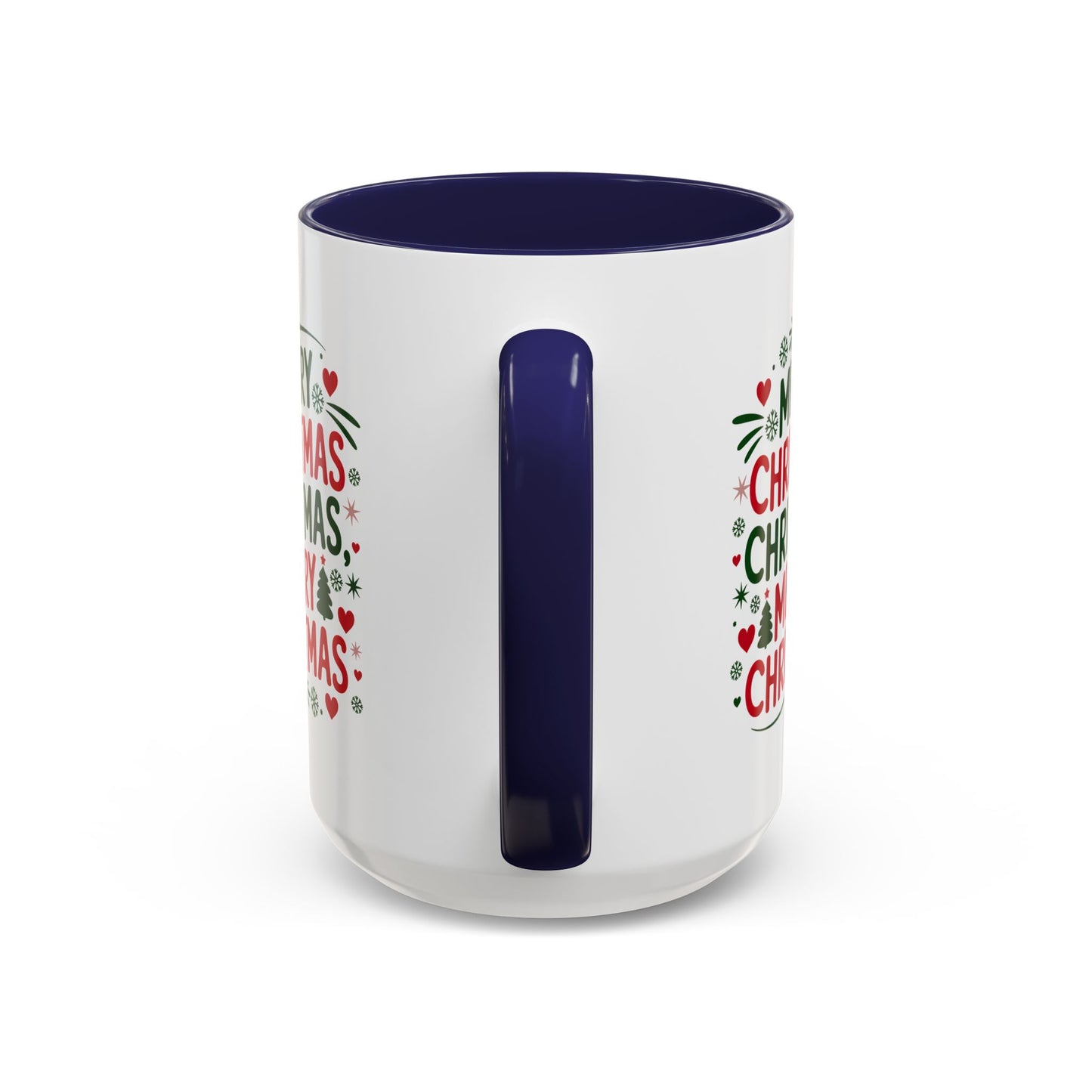 Christmas Mug - Merry Christmas Green & Red Text Trees Hearts Snowflakes Stars