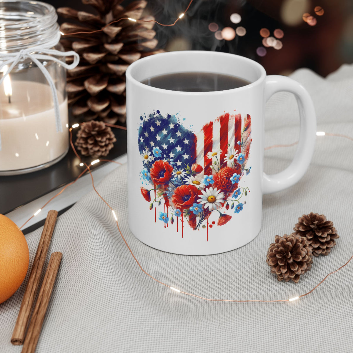 4th of July Mug - Patriotic USA Flowers Heart