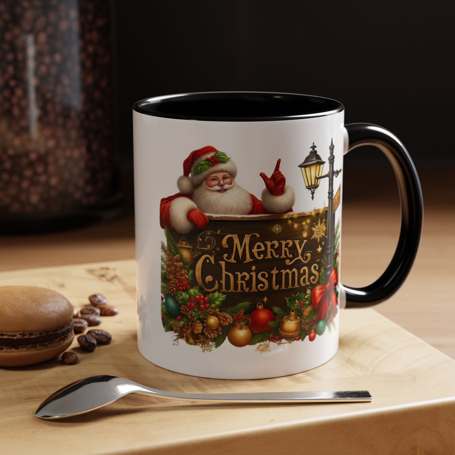 Christmas Mug - Merry Christmas Gold Text Santa Point Ornaments